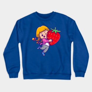 Cute Girl Holding Strawberry Cartoon Crewneck Sweatshirt